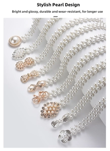 Detailed view of assorted white pearl belts with various elegant rhinestone buckle styles