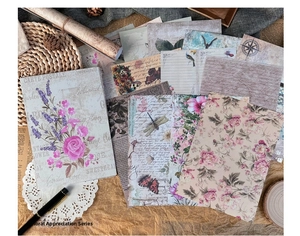 Detail of vintage floral scrapbooking paper with retro roses and butterfly motifs