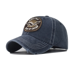Close-up of vintage washed navy baseball cap with wild goose embroidery and distressed details