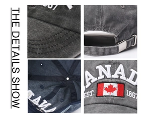 Macro views of CANADA embroidery, washed cotton texture, and metal buckle detail on baseball cap