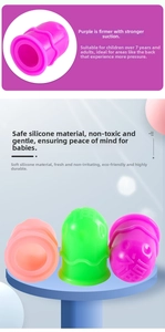 Detail view of silicone cupping therapy tools in purple, green and pink for kids