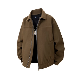 Classic men's brown zip-up jacket with ribbed hem and stylish twill texture