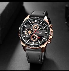Macro shot of LIGE rose gold men's quartz watch with black chronograph dial and calendar