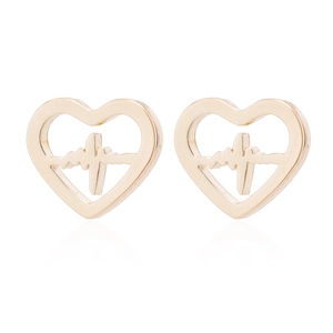 Macro view of gold stainless steel heart stud earrings with heartbeat pulse design