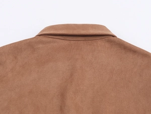 Close-up view of the back collar and stitching detail on a brown suede dress
