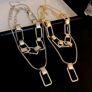 Dual-layer gold and silver mixed chain necklace set with minimalist geometric pendant