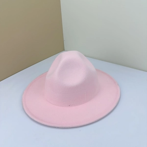 Elegant wide brim pink wool fedora hat with classic indented crown for women
