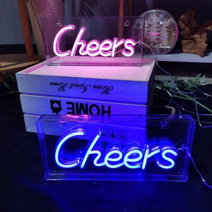 Pink and blue LED Cheers neon signs in acrylic boxes for festive wall party decoration