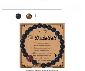 Macro detail of 8mm tiger eye and matte black stone beads on a basketball gift card