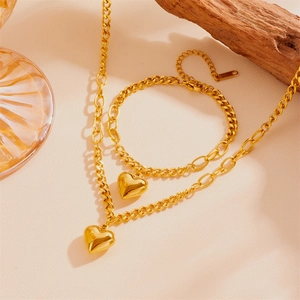 Ensemble De Bijoux En Acier Inoxydable Collier Bracelet Et Boucles D'oreilles Pendentif Coeur Pour Femmes Élégant Mode Or