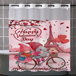Detail of Valentine's Day waffle shower curtain featuring pink gnomes on a bicycle