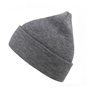 Close-up of gray knitted beanie showing fine stitch texture and classic fold-over cuff