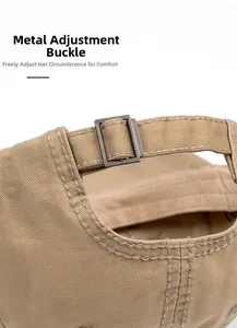 Close-up of adjustable gunmetal buckle and cotton webbing on khaki baseball cap