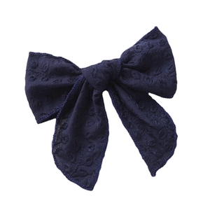 Navy blue embroidered cotton bow hair clip for girls with elegant swallowtail design
