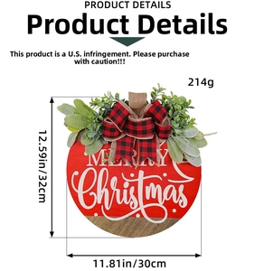 Detail of Merry Christmas wooden wreath showing 32x30cm size and 214g product weight