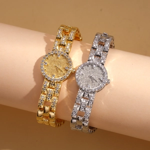 Bracciale a maglia tipo orologio placcato oro 18k con zirconi scintillanti oro e argento