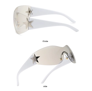 Detail of Y2K rimless sunglasses with wide white temples and silver star ornaments