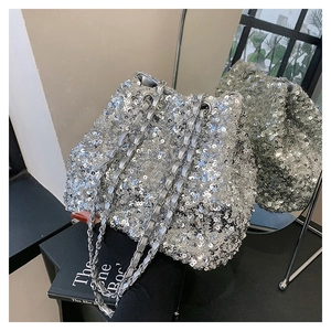 Detailed view of silver sequin bucket bag with elegant metallic chain strap on books