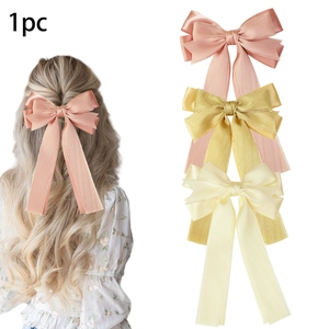 Double Layer Satin Bow Hair Clip With Long Streamers Handmade Ribbon Barrette Sweet Elegant Headwear For Women Girls
