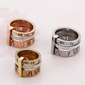 Elegant 18K gold plated stainless steel rings with Roman numerals and crystals