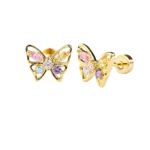 Boucles d'oreilles papillon en acier titane 316L avec zircons colorés et plaqué or
