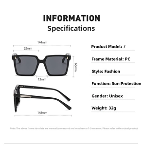 Detailed size specifications for oversized square sunglasses with PC frame and dimensions