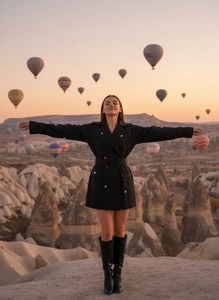 Robe tailleur noire chic avec boutons en métal devant les ballons de Cappadoce