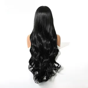 Back view of 30-inch long wavy black wig with thick natural curls on white background