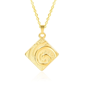 Detailed view of 18k gold plated square pendant necklace with spiral sun motif on white background