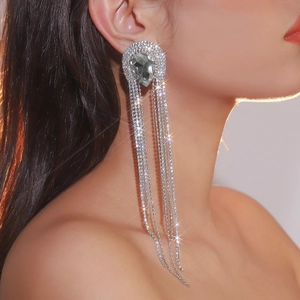 Elegant silver tassel earrings with a water drop crystal and shimmering rhinestones