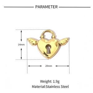 Technical dimensions of the 14mm by 20mm gold stainless steel heart wing pendant