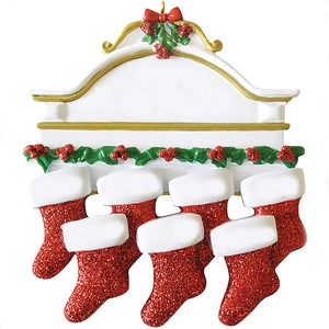 Customizable resin Christmas plaque with 7 red glitter stockings and holly leaf decoration