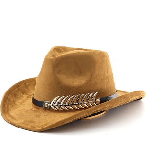 Western Cowboy Hat Faux Suede Wide Brim With Leather Band And Metal Feather Vintage Jazz Style For Women