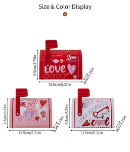 Valentine's tin mailbox gift boxes in red, pink, and white with size and color details