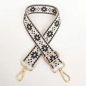 Detail of 3.8cm jacquard canvas bag strap with black geometric pattern and gold hooks