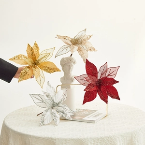 Artificial Poinsettia Flowers Glitter Mesh Fabric For Christmas Tree Decoration Festive DIY Floral Ornament Elegant