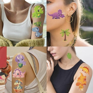 Lifestyle shots of colorful dinosaur temporary tattoos on a child's arm and face