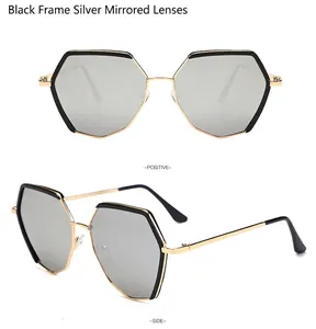 Detailed front and side views of geometric gold metal sunglasses with silver mirror lenses