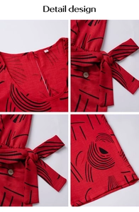 Detail design of red printed jumpsuit with waist tie, back cutout and wooden button
