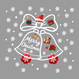 Close-up of festive Christmas window stickers with Santa, reindeer and gift box patterns