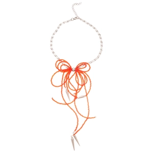 Elegant orange bow crystal beaded tassel necklace with silver spiked metal charms