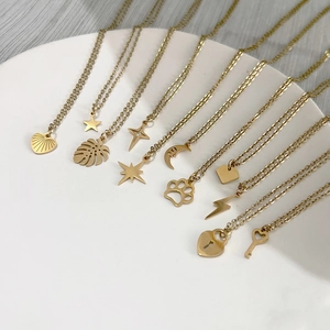 Collection of gold titanium steel necklaces with heart and leaf pendants on white plate