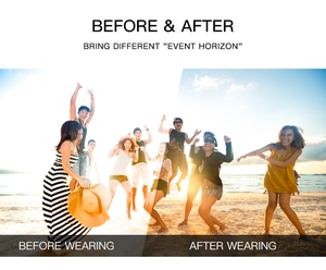Visual comparison showing steampunk oval sunglasses reducing glare on a sunny beach scene