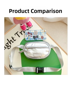 Detailed size comparison of metallic silver PU leather waist bag with smartphone
