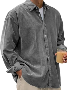 Men's Casual Corduroy Long Sleeve Shirt Loose Fit Solid Color Lapel Button Down Trendy Autumn Winter Thick Shirt Top