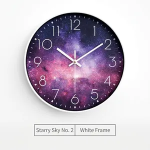 Modern 10 inch starry galaxy wall clock with white frame and silent quartz movement