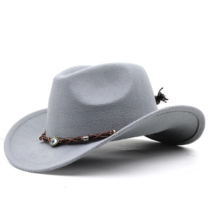 Classic grey wool western cowboy hat with evil eye charm and braided leather band