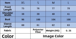 Detailed sizing chart for sequined bodysuit with measurements for XS, S, M, and L sizes