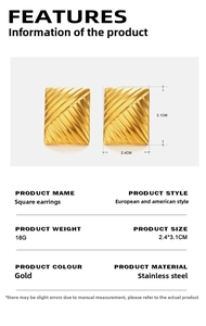 Detail view of gold stainless steel rectangular earrings with size 2.4x3.1cm and 18g weight
