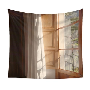 Macro shot of nature-inspired wall tapestry featuring a sunny window with palm tree view